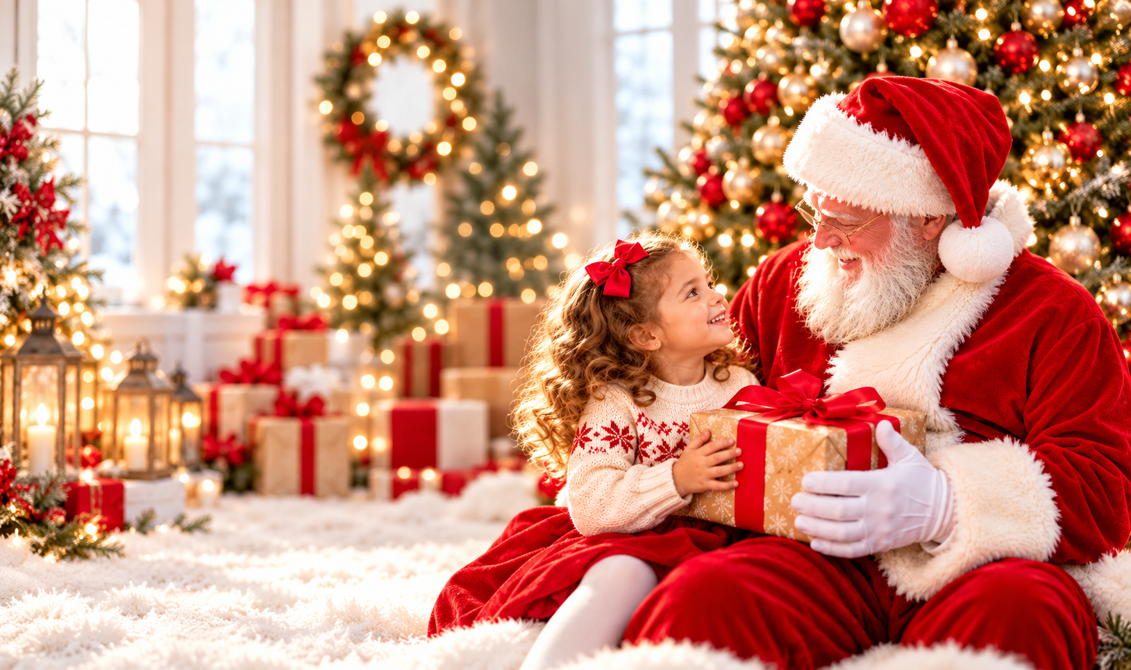 Santa Claus giving a Christmas gift to a little girl — Project You NY Christmas Charity Event for Children in Brooklyn 2026